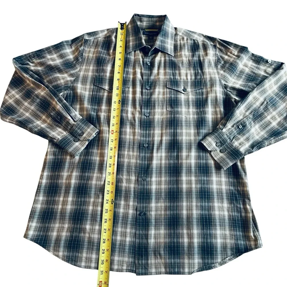 Banana Republic Mens L Slim Fit Plaid Shirt Blue Brown Tan Cotton Stretch Large